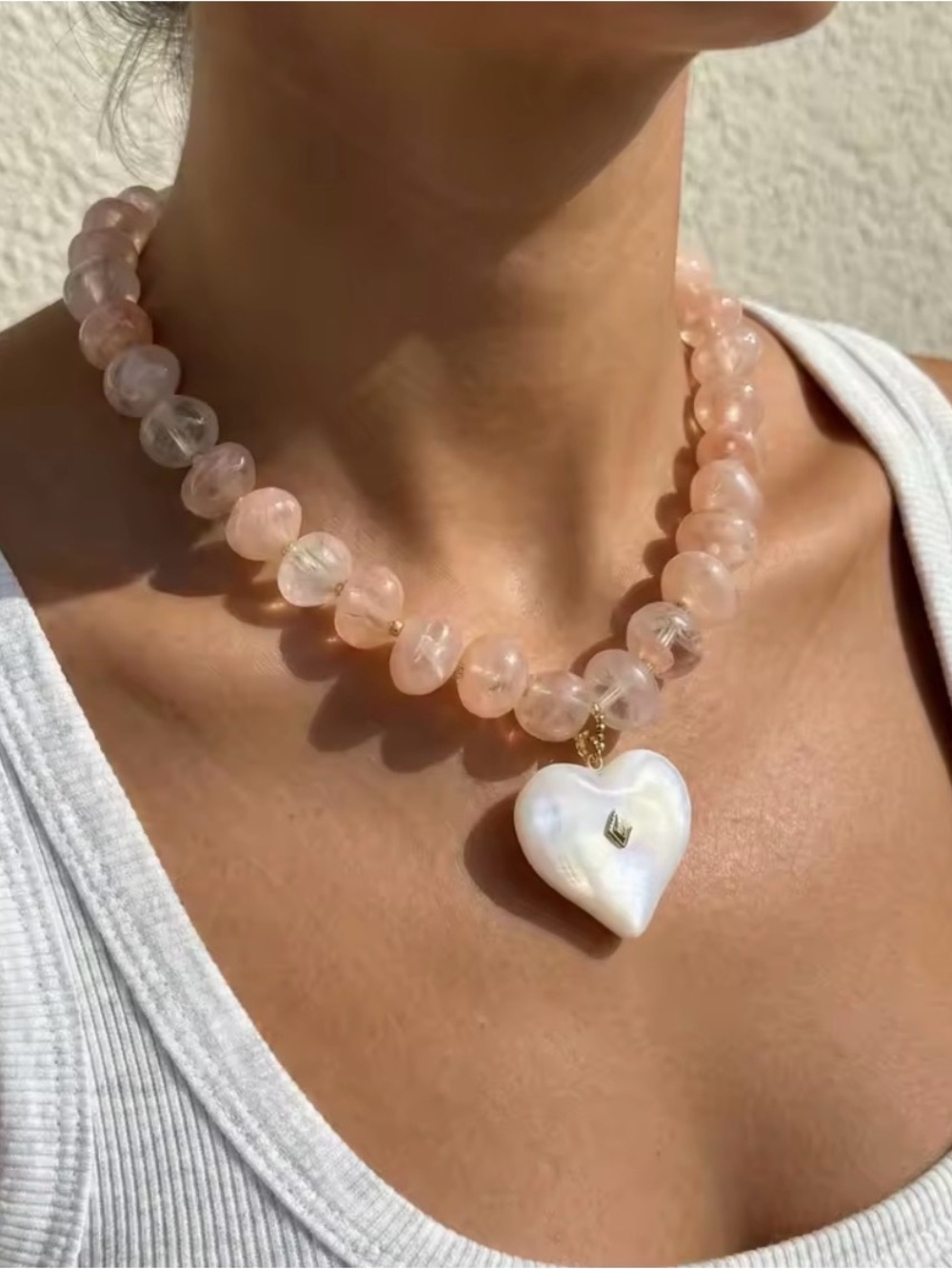 Pink Heart Pendant Beaded Necklace – Delicate Rose Quartz Look
